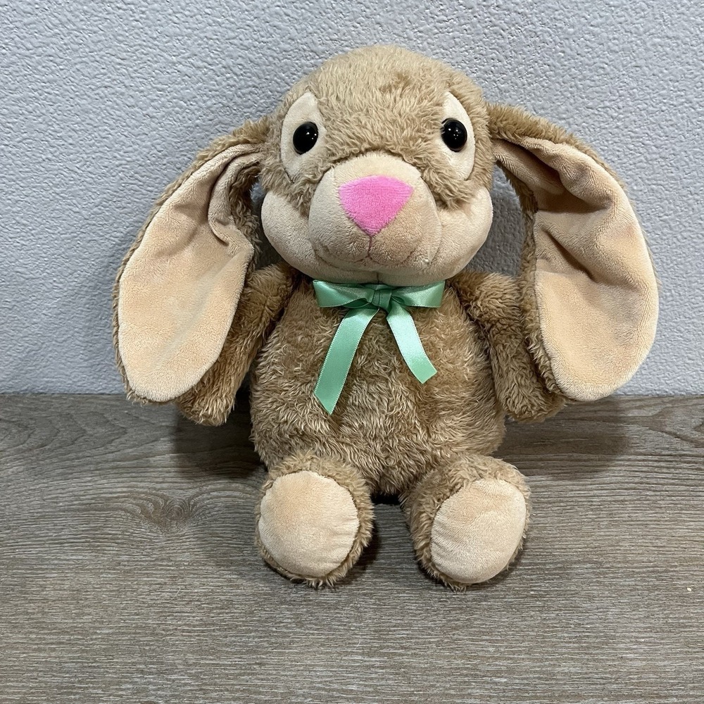 Hallmark Super Soft Tan Bunny Rabbit w/Green Bow Stuffed Plush Toy Animal Easter